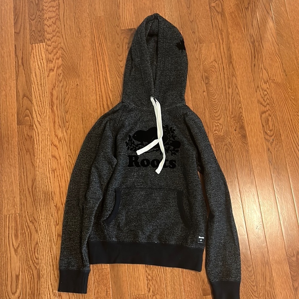 Roots Heather Charcoal Black Pullover Hoodie with White Drawstrings